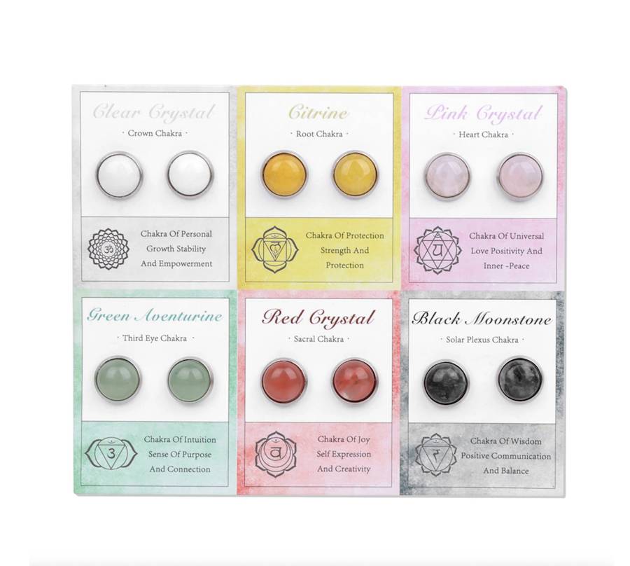 Gemstone Set of 6 Circular Stud Earrings: White Quartz, Citrine, Pink Quartz, Aventurine, Red Jasper & Black Moonstone by Don't AsK