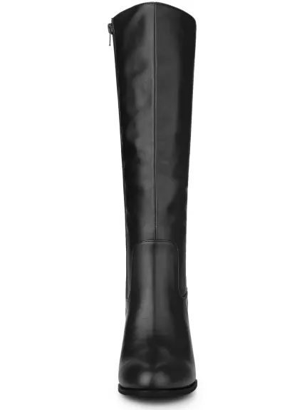 Allegra K - Round Toe Block Heel Faux Leather Knee Boots