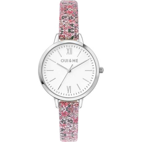 OUI & ME-Fleurette 32mm 3 Hand Pink Raised Flowers Dial Watch With Stainless Steel Mesh Bracelet