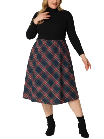 Agnes Orinda - Vintage A-line Plaid Flare Midi Skirt