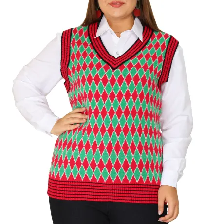 Agnes Orinda - Argyle Plaid V Neck Knit Sweater Vest