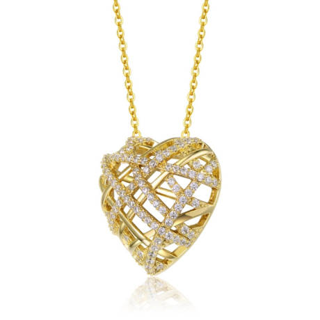 Genevive Sterling Silver 14k Yellow Gold Plated with Clear Cubic Zirconia Knotted Ribbon 3D Puffed Heart Pendant Necklace