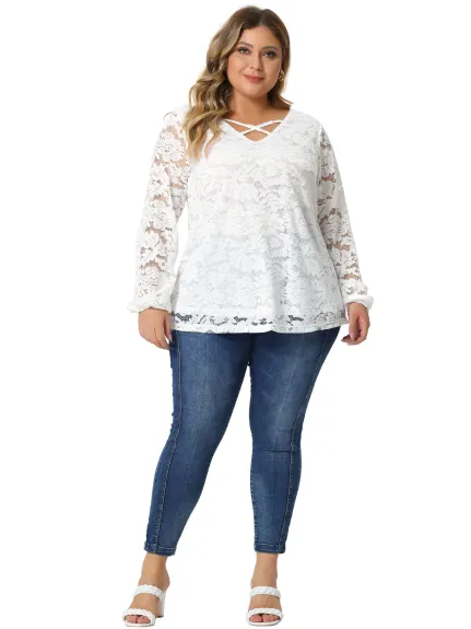 Agnes Orinda - Cross V Neck Sheer Double Layers Lace Top