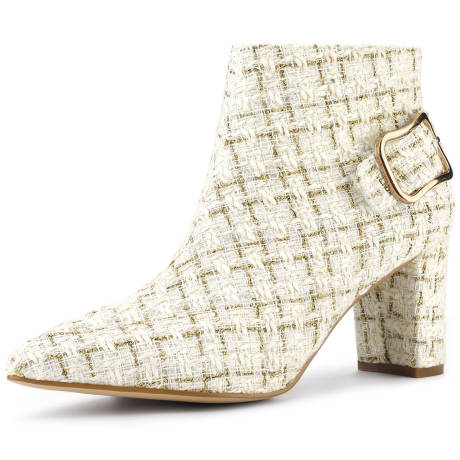 Allegra K - Plaid Point Toe Side Zip Buckle Ankle Boots