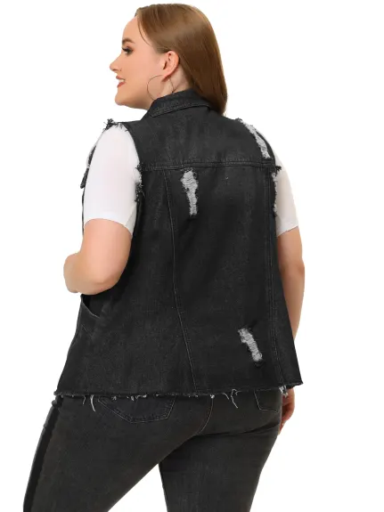 Agnes Orinda - Button Front Frayed Washed Denim Vest