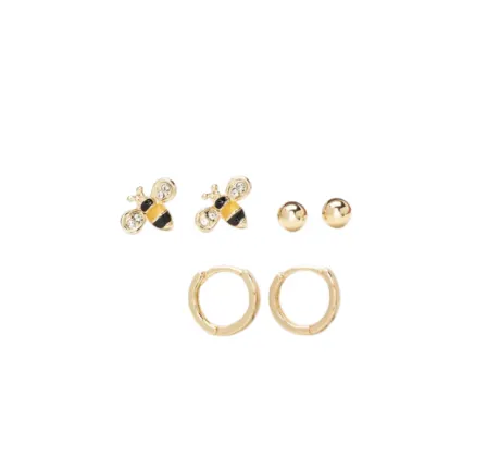 Goldtone Earring Set of 3 with Hoop, Ball, and Bee - callura