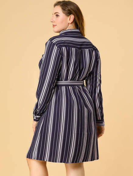 Agnes Orinda - Button Up Belted Striped Work Shirtdress