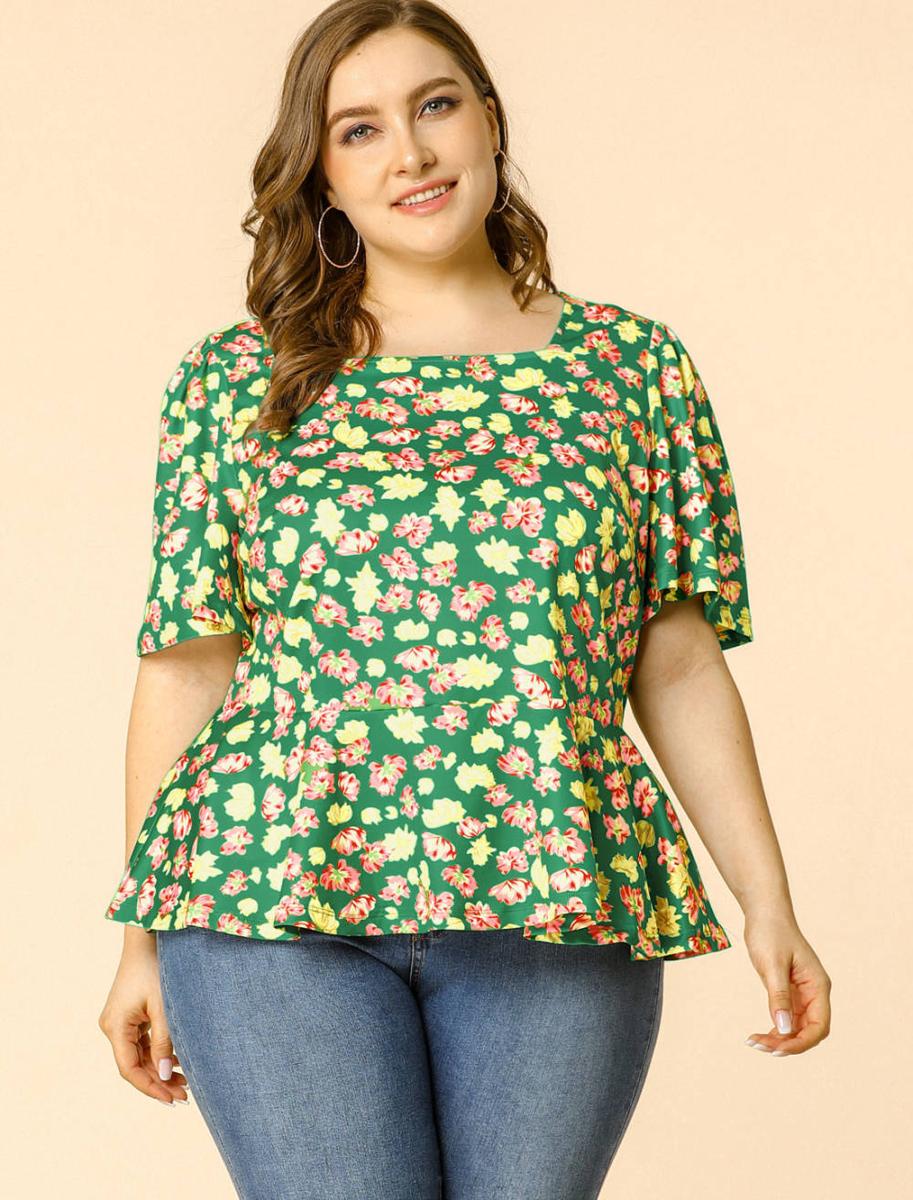 Agnes Orinda - Square Neck Ruffle Sleeves Floral Peplum Blouses ...