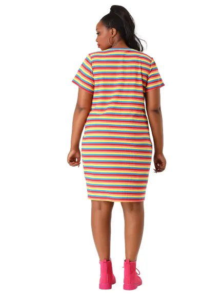 Agnes Orinda - Round Neck Rainbow Striped Midi T-Shirt Dress