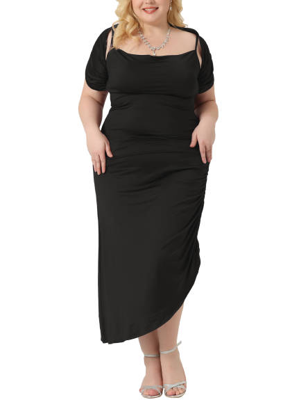 Agnes Orinda - Cowl Neck Ruched Cami Long Dress with Shawl