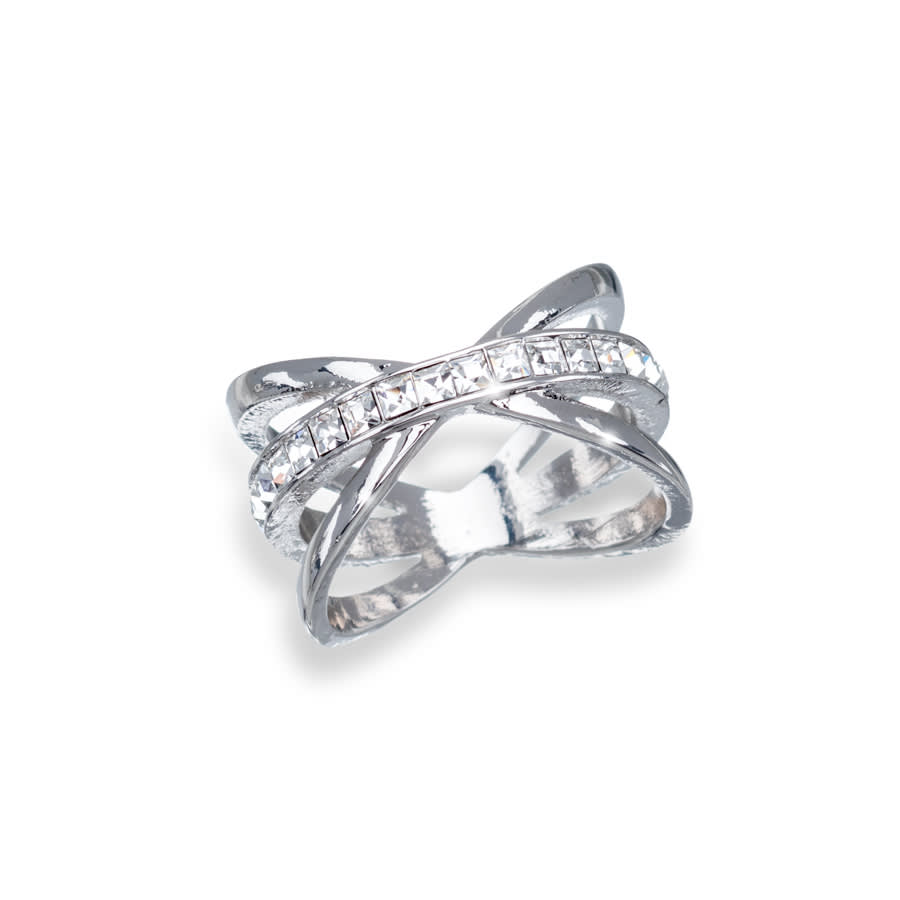 Silvertone princess cut crossover statement ring made with Quality Austrian Crystals - MICALLA