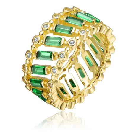 Genevive Sterling Silver 14k Yellow Gold Plated with Emerald & Baguette Eternity Band Ring