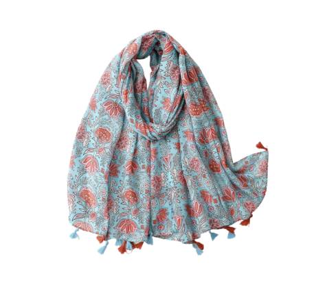 Blue and red flower scarf with tassels - Don't AsK