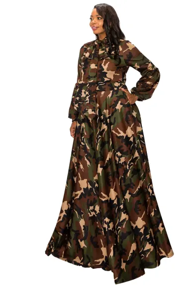 Camo Bella Donna Dress with Ribbon and Puffed Out Sleeves - L I V D