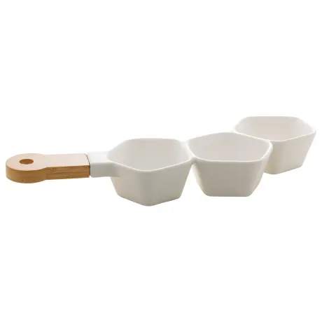 Matt Collection Snack Dish With Divided Porcelain Compartments and Bamboo Handle 36x13x5cm