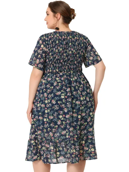 Agnes Orinda - Smocked Elegant Floral Midi Flare Dress