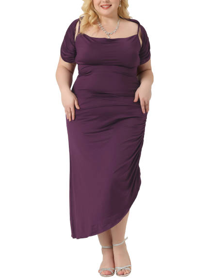 Agnes Orinda - Cowl Neck Ruched Cami Long Dress with Shawl