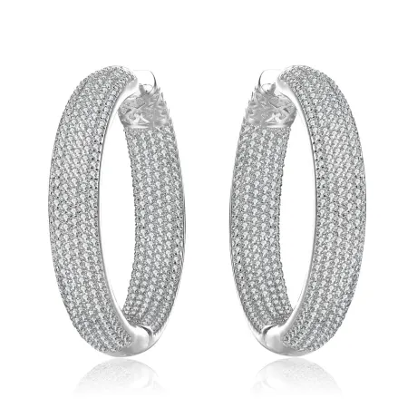 Genevive Sterling Silver with Clear Cubic Zirconia 10-Row French Pave Inside Out Large Tubular Hoop Earrings