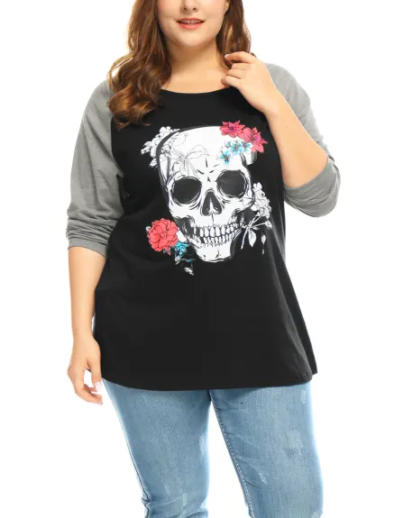 Agnes Orinda - Floral Skull Loose Basic Tee Shirt