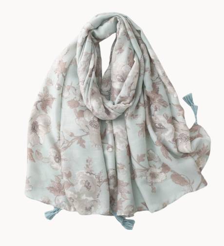 Seafoam and Grey Impressionist Floral Scarf with Tassels - Don't AsK