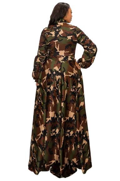 Camo Bella Donna Dress with Ribbon and Puffed Out Sleeves - L I V D