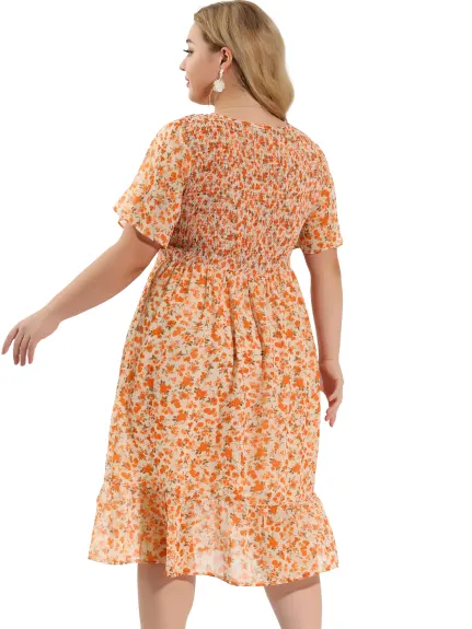 Agnes Orinda - Smocked Elegant Floral Midi Flare Dress