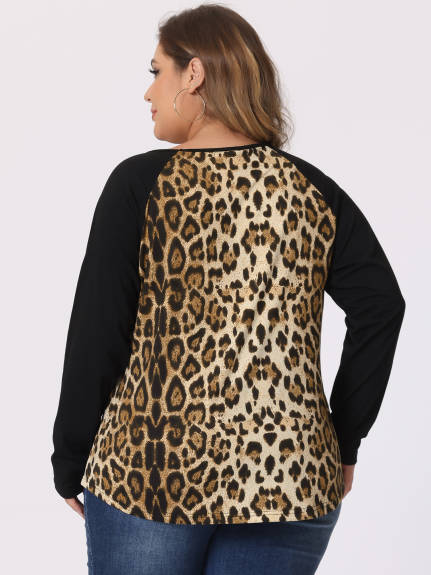 Agnes Orinda - Leopard Print Colorblock Raglan T-Shirts