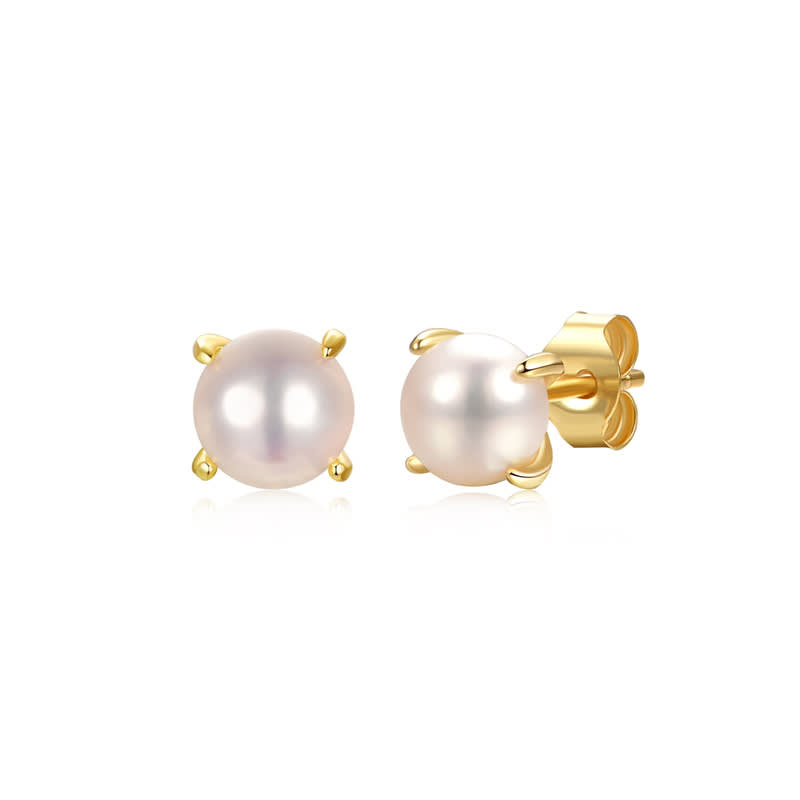 Boucles d'oreilles à tige solitaire plaquées or jaune 14 carats avec véritables perles d'eau douce rondes blanches de 5 mm en argent sterling