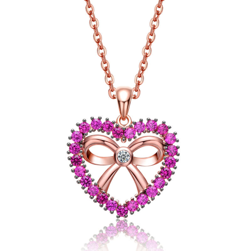 Rachel Glauber 18K Rose Gold Plated Heart Shaped Pendant Necklace with Clear Cubic Zirconia for Kids/Girls