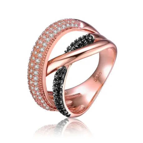 Genevive Sterling Silver Two Tone with Clear and Black Cubic Zirconia Interlocked Ring
