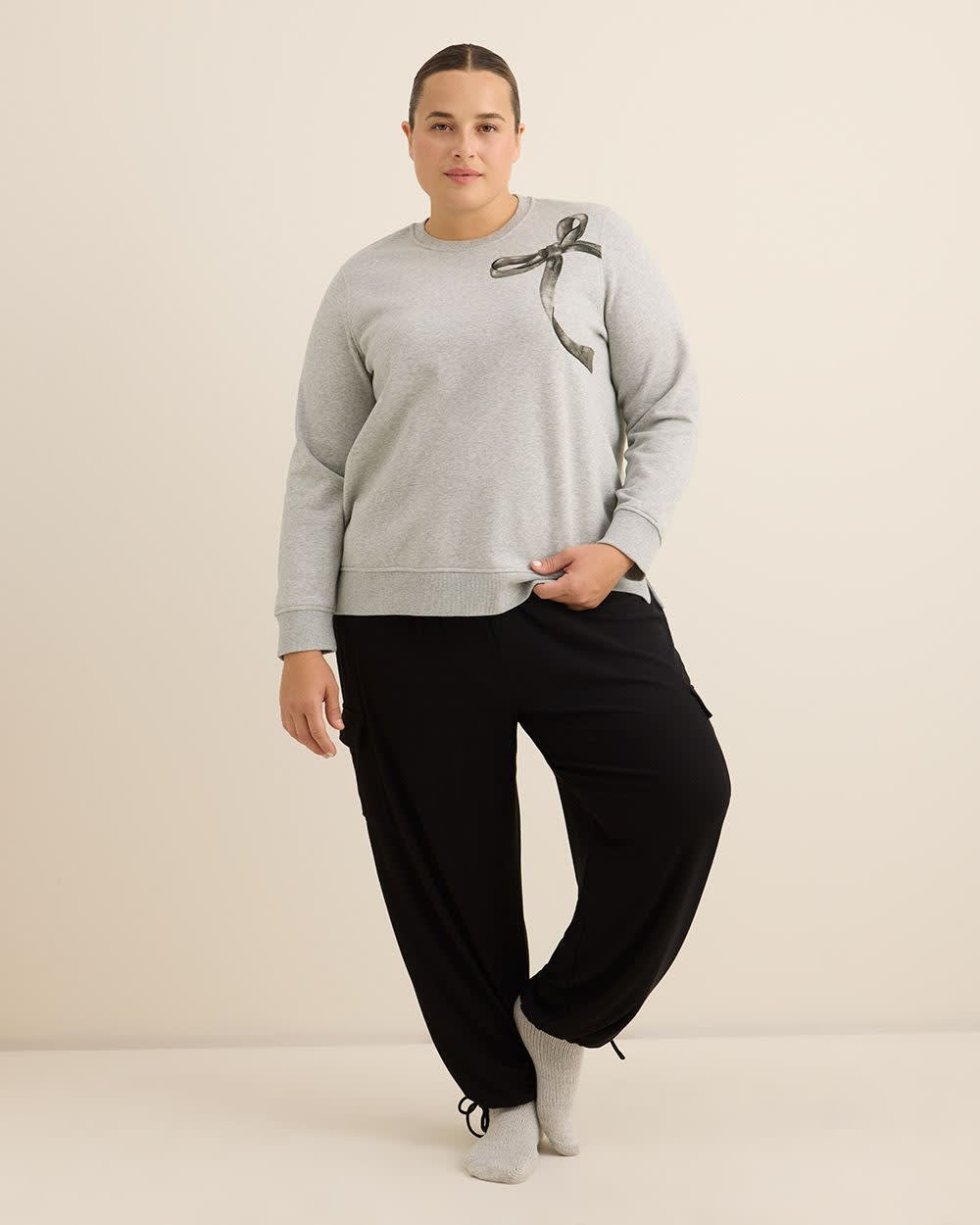 Heather Grey Fleece Crewneck Sweatshirt with Bow Heather Grey Fleece Crewneck Sweatshirt with Bow