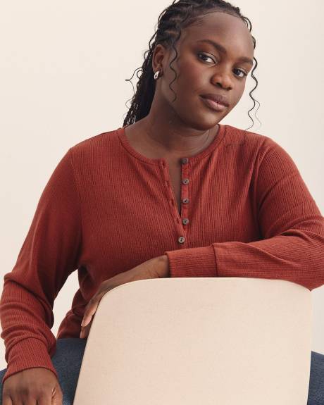Long-Sleeve Pointelle Ribbed Knit Henley Top