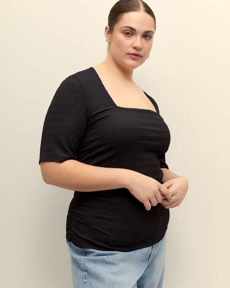 Square-Neckline Shirring Top with 3/4 Sleeves