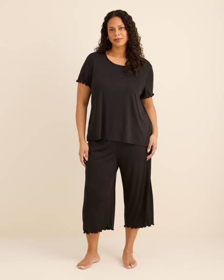 Black Heart Pointelle Pyjama Top with Lettuce Edge Sleeves - ti Voglio