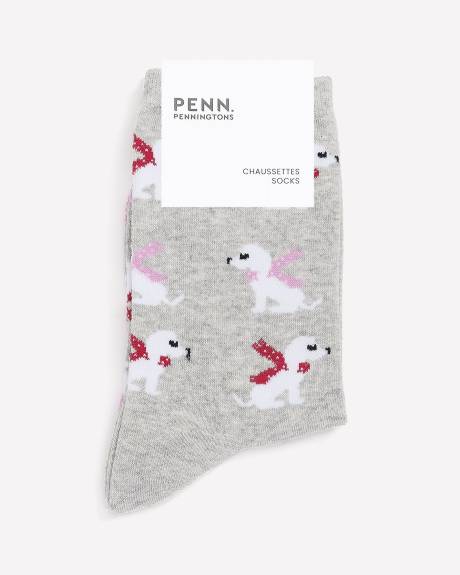 Rolled-Edge Crew Socks with Dog Print