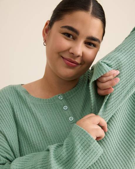 Long-Sleeve Crop Waffle Knit Pyjama Top with Placket - ti Voglio