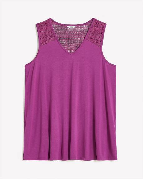 Haut sans manches avec encolure en V et détail crocheté, tissu responsable