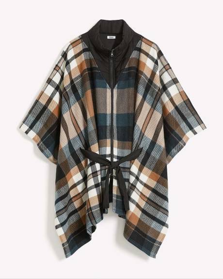 Puffer-Neck Belted Plaid Cape with Front Zipper