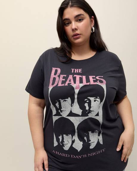 Black Short-Sleeve Crewneck Tee with The Beatles Print