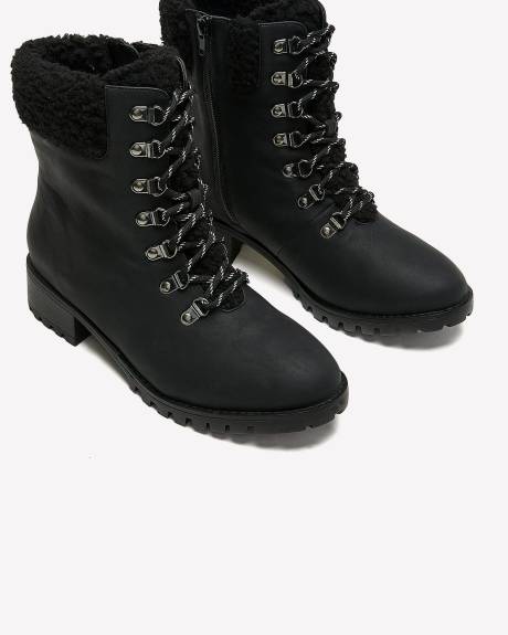 Extra Wide Width, Black Lace-Up Booties with Sherpa Collar