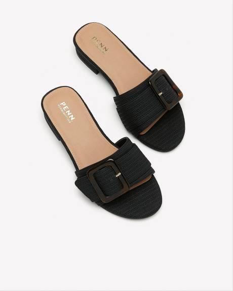 Extra Wide Width, Black Slide-In Sandal with Tortoise Buckle