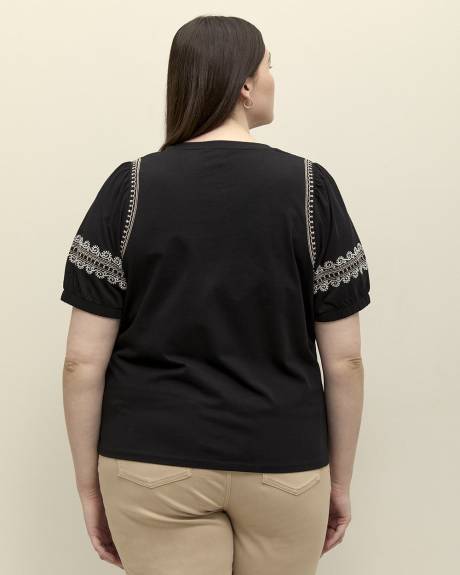 Cotton Knit Top with Short Bubble Embroidered Sleeves