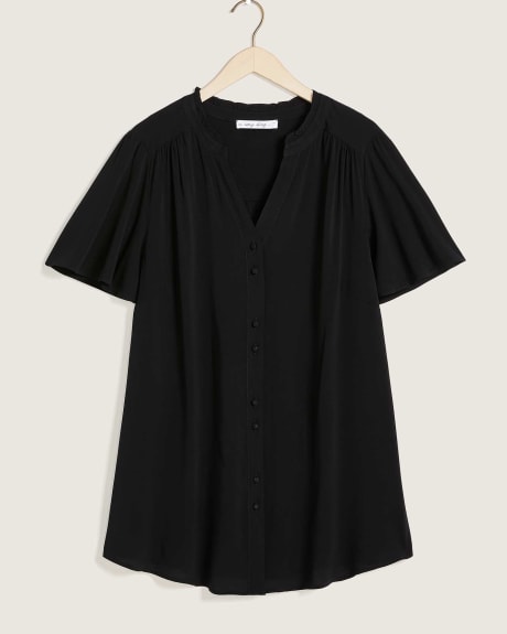 Solid Short-Sleeve Tunic Shirt With Mandarin Collar - In Every Story