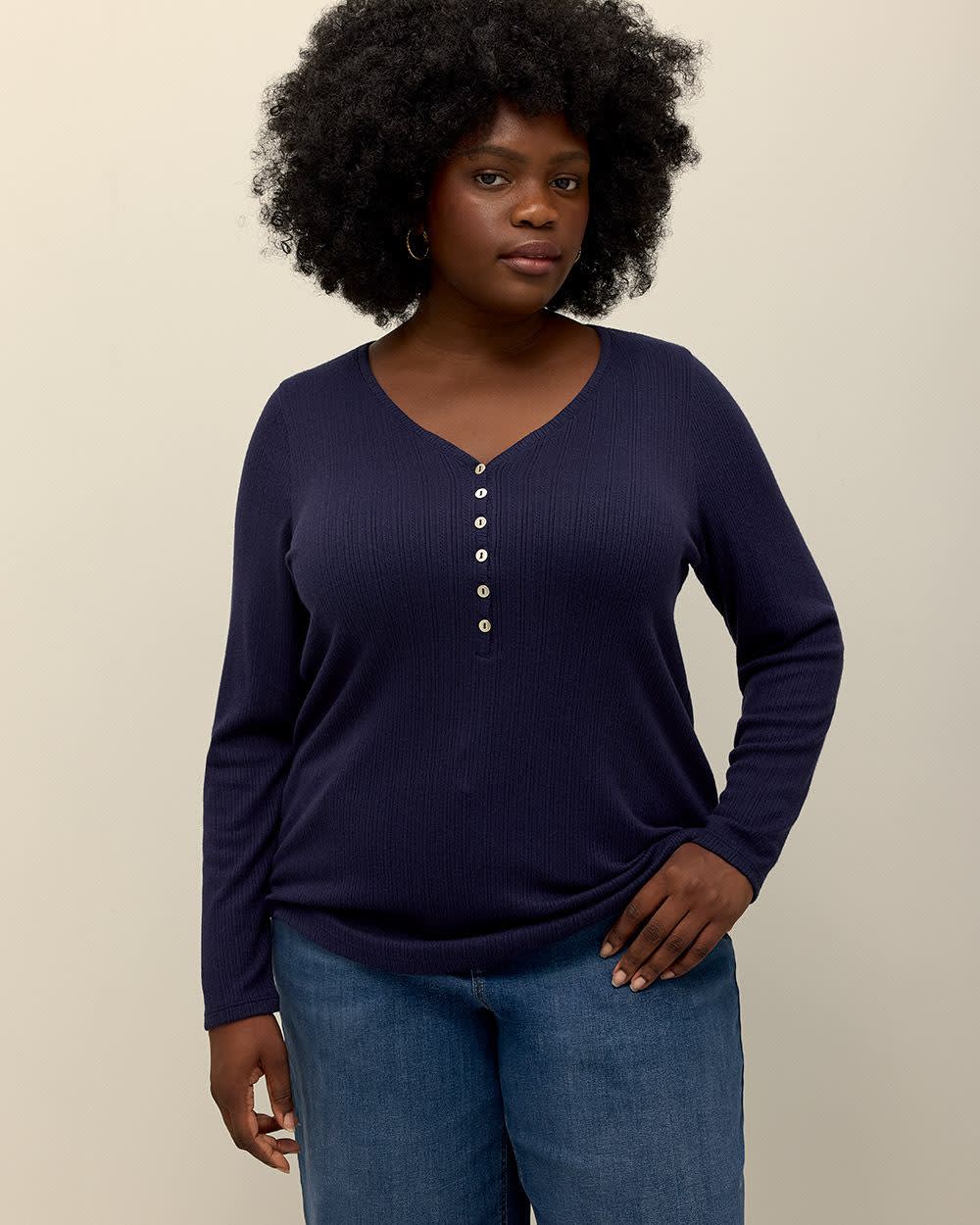 Long-Sleeve V-Neck Henley Knit Top | Penningtons