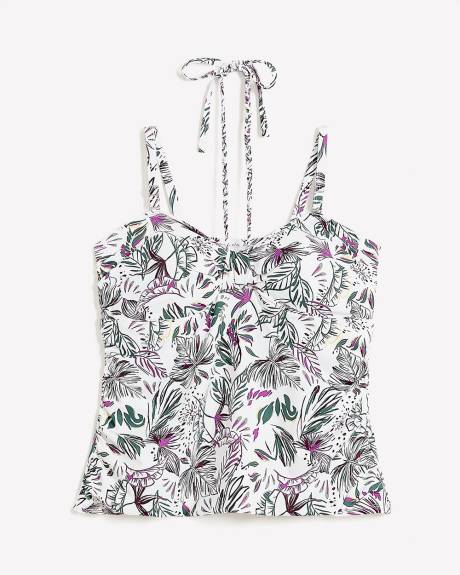 Leaf-Print Bandeau Tankini Top with Braided Tie