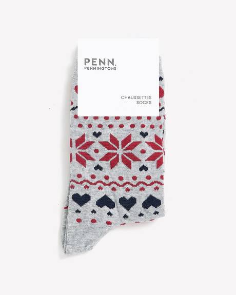 Grey Crew Socks with Heart Fairisle Print
