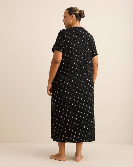 Long Black Short-Sleeve Knit Sleepshirt with Bow Print - ti Voglio Long Black Short-Sleeve Knit Sleepshirt with Bow Print - ti Voglio