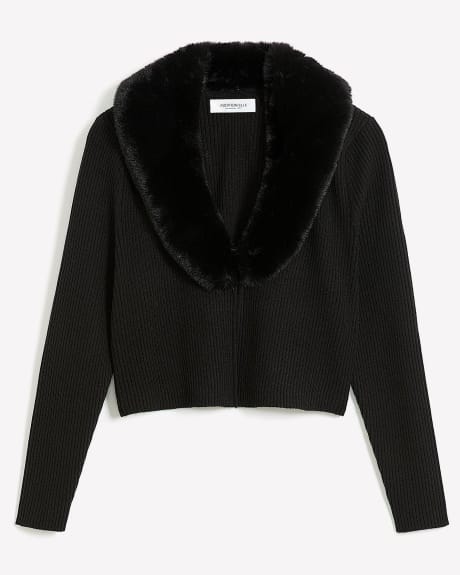 Black Ribbed Shrug with Faux Fur Collar - Addition Elle
