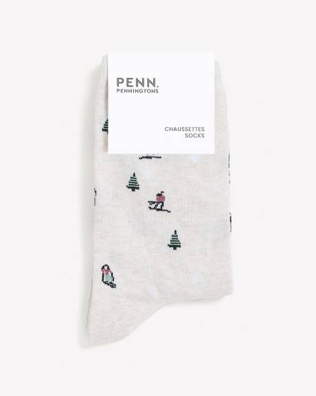 Beige Crew Socks with Ski Print