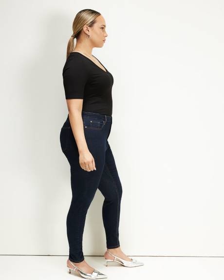 Black Textured Elbow-Sleeve Deep V-Neck Tee - Addition Elle